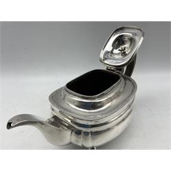 Edwardian silver rectangular teapot with gadrooned edge, ebonised handle and lift on ball feet London 1908 Maker C S Harris & Sons 17oz gross