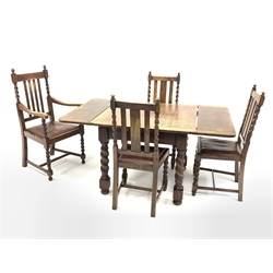 Early 20th century oak duo drawer leaf dining table, raised on spiral turned and block supports, (152cm x 91cm, H75cm extended) and a matching set of four (3+1) oak dining chairs, with spiral turned supports and drop in seat pads, W55cm