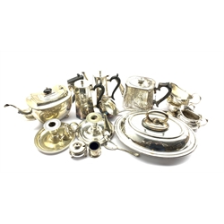 Quantity of plated items including oval entree dish and cover, coffee pot and hot milk jug, two tea pots etc