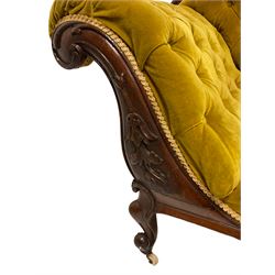 Victorian buttoned back chaise lounge, upholstered in citrine velvet, raised on cabriole supports, terminating in ceramic castors 