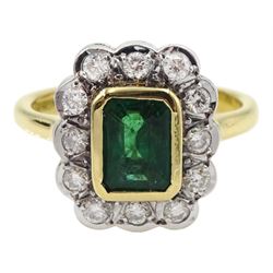 18ct gold emerald and round brilliant cut diamond cluster ring, stamped 750 with Birmingham assay mark, total diamond weight approx 0.40 carat, emerald approx 0.80 carat