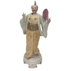 Pair of  Continental bisque figures of nodding Japanese figures with retractable tongues H23cm, another pair of seated Chinese nodding head figures with retractable tongues and twelve Japanese plates painted with birds