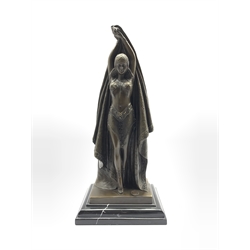 Art Deco style bronze figure modelled as a dancer holding draped fabric, after 'Chiparus', H35cm overall