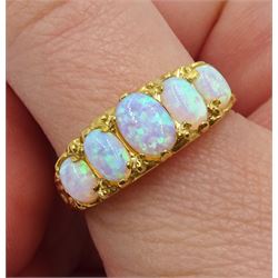 Silver-gilt five stone opal ring, stamped Sil