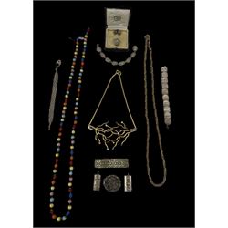 Group of silver jewellery and costume jewellery, including two silver ingot pendants, a silver gate link bracelet, silver panel link bracelet, a Victoria 1889 crown mounted as a brooch, silver marcasite jewellery and costume jewellery necklaces