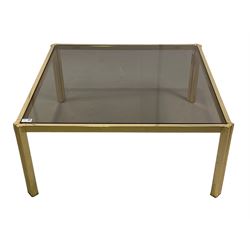Vintage mid century coffee table, smoked glass top raised on cast brass frame and supports 86cm x 86cm, H37cm
