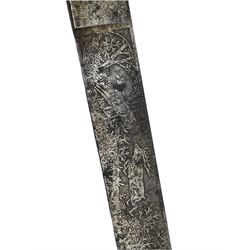 German hunting side arm, the Eickhorn double sided blade engraved with hounds, wild boar and birds, ivory grips with acorns, the clamshell with a deer, blade length 33cm 