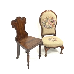 Victorian mahogany hall chair, shaped back rest over panel seat, raised on turned front supports, (W43cm) together with a Victorian style mahogany nursing chair, with needlework upholstered seat and back raised on cabriole front supports, (43cm)