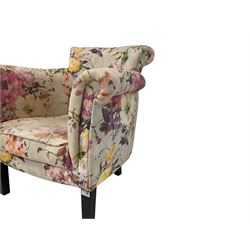 Pair French design armchairs, scrolled cresting rail and arms, upholstered in floral fabric, raised on square tapering supports