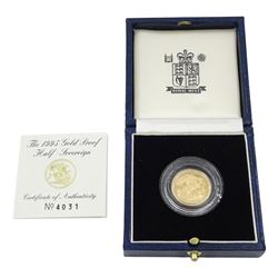 Queen Elizabeth II 1995 gold proof half sovereign coin, cased with certificate