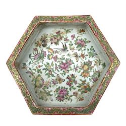 19th century Canton hexagonal stand or shallow dish decorated with birds and flowers within a gilt and floral border W29cm