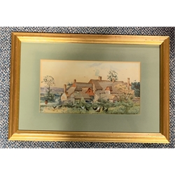 Hellen Allingham (1848 -1926): Farm buildings with figure, poultry etc, watercolour signed 17cm x 32cm 