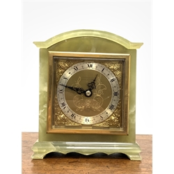 Elliot and Sons onyx cased mantel clock, Silvered dial with Roman chapter ring, retailed by J R Ogdens of London and Harrogate