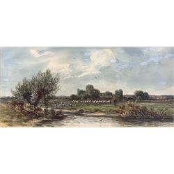 A Watts (British 19th/20th century): Sheep Gazing by the Riverside, watercolour signed 23cm x 50cm