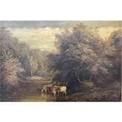 English School (19th century): Cows Watering Upstream and River Landscape, pair oils on canvas unsigned, housed in matching gilt frames 22cm x 32cm (2)