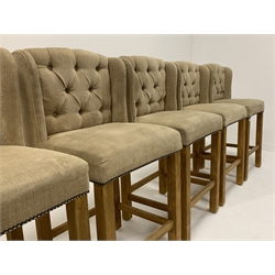 Set five contemporary breakfast stools, with natural linen buttoned upholstered backs, raised on pine square supports, W52cm, H99cm