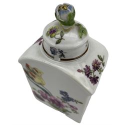 18th century Meissen porcelain tea caddy, of arched rectangular form with flower knop finial and painted throughout with flower sprays, blue crossed swords mark beneath, H14cm. Provenance: From the Estate of the late Dowager Lady St Oswald