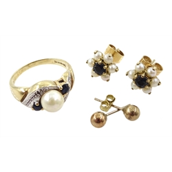 Gold pearl, diamond and sapphire ring, pair of gold pearl and sapphire stud earrings and pair of gold stud earrings, all 9ct hallmarked or tested