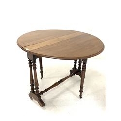 Victorian walnut drop leaf table, the oval top raised on turned supports united by turned stretcher W91cm, H72cm