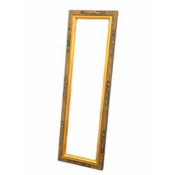 Late 20th century portrait wall hanging mirror in ebonised frame with gilt decoration 42cm x 134cm