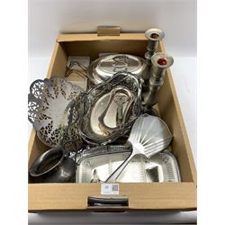 Collection of silver-plate to include a pierced comport, entree dish, swing handle basket etc, pewter candlesticks etc