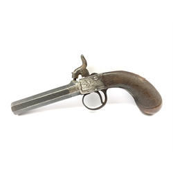 19th Century  percussion pocket pistol with screw off barrel and engraved lock and hatched grip L20cm