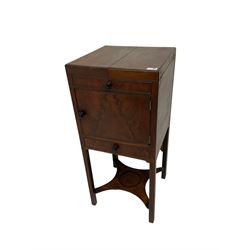 George III mahogany washstand, the twin hinged square top enclosing bowl and soap dishes, pull-out swing mirror with rectangular plate, fitted with single cupboard door over drawer with cock-beaded facias, square supports united by under-tier