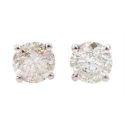 Pair of 18ct white gold round brilliant cut diamond stud earrings, stamped 750, total diamond weight approx 1.55 carat