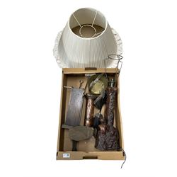 Art Deco companion set, small preserve pan, copper fire iron stand, pottery table lamp, shoe last etc 