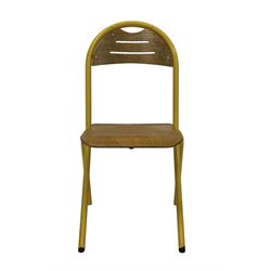 Set 8 mid-20th century French stacking school chairs, yellow painted frame with wood back and seat