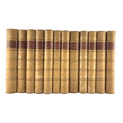 Tobias Smollett - Works, twelve volumes, frontispiece to each with tissue guards, top edges gilt, half calf and brown boards with gilt ribbed spines, published by Archibald Constable & Co 1899-1901