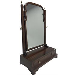 Georgian design mahogany swing mirror, one adjustable mirror with two uprights, surmounted by brass finials over one drawer, raised on bracket supports 
