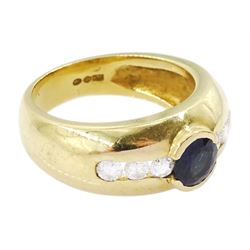 18ct gold bezel set seven stone sapphire and round brilliant cut diamond ring, stamped 750, sapphire approx 0.60 carat total diamond weight approx 0.50 carat