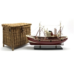  Scale model of a Trawler, L59cm, together with a wicker fishing basket (2)  
