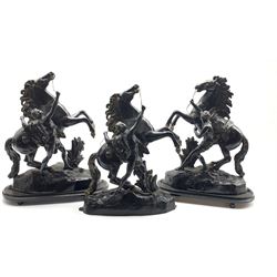 Pair of 19th century painted spelter Marley Horses on ebonised oval plinths, and one other, max H44cm (3)