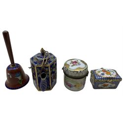 Vintage silver-plated novelty table lighter in the form of a Lighthouse, on later wooden base, two porcelain pill boxes, Cloisonne bell and miniature teapot (5)