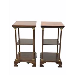 Pair of George III style mahogany lamp tables, three tiers on turned uprights with leaf cast brass capitols, raised on ogee bracket supports 36cm x 36cm, H70cm