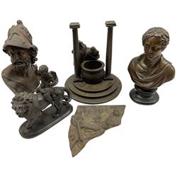19th century Continental metal centrepiece with figures at a well H29cm, spelter figure of a cherub riding on a lion, coppered bust, pottery bust and a classical fragment (5)