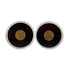 Two Tristan da Cunha miniature 9 carat gold crown coins, dated 2013 and 2014, each coin weighs 1 gram 