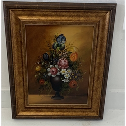 Indistinctly signed Continental still life, oil on board of a vase of flowers, 28cm x 22cm

