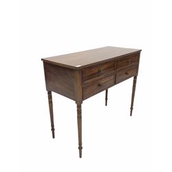 Georgian design mahogany dressing side table, the moulded top over two short and one long drawer, raised on turned supports W94cm