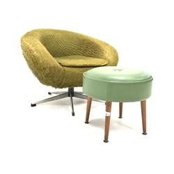 Mid 20th century swivel chair, upholstered in green faux fur, raised on chrome four point base () together with a green leather upholstered circular footstool, raised on turned beech supports 
