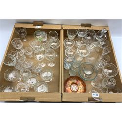 Quantity of glassware to include cut glass part sets, hock glasses, whisky glass etc in two boxes