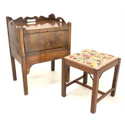 Georgian mahogany tray top cupboard, the shaped raised back and sides with pierced carry handles, up and over door to front, raised on square moulded supports (W60cm) together with a mahogany stool with needlework upholstered seat W43cm