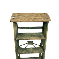 Simplex - early 20th century painted pine library or shop step ladder, five tread, with cast iron stop mechanism and hinges, stamped with maker, patent number 6556, in teal finish (W40cm H100cm); and another similar and later (W37cm H105cm)