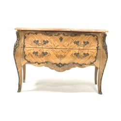 Late 19th century French Kingwood commode, with red marble top over two drawers, inlaid with floral marquetry and gilt metal mounts, shaped apron, raised on cabriole supports and sabot feet, W131cm, H85cm, D59cm