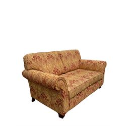 Multi-York - traditional shape two seat sofa, upholstered in pale gold with stylised floral pattern