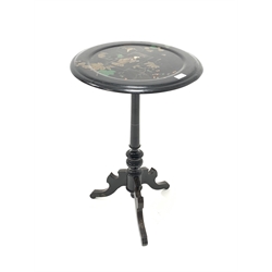 Late 19th century ebonised occasional table, the circular chinoiserie tilt top raised on ring turned column and gilt painted triple spay supports, D45cm