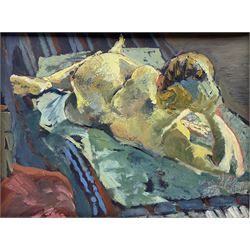 Sharman Green (British Contemporary): Nude Female Sunbathing on Beach, oil on board signed and dated 2002, 41cm x 55cm