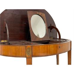 Sheraton period inlaid satinwood demi-lune dressing table, inlaid with a large central fan motif with projecting panels with segmented walnut panels, decorated with floral motifs and interlaced stringing, the top hinges to reveal an adjustable mirror and a combination of lidded compartments, on square tapering supports